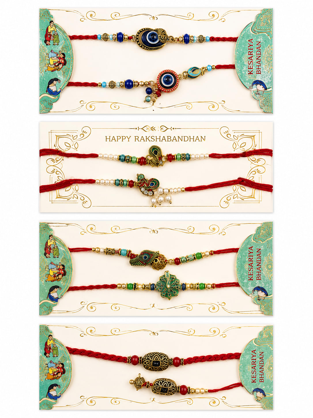 Kesariya Bandhan Premium Designer Rakhi Set of 8 | Evil Eye, Peacock & Traditional Fancy Rakhi Combo | Handcrafted Raksha Bandhan Gift for Brother — wholesale price India