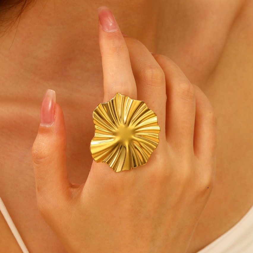 Elegant Gold-Tone Floral Statement Ring for Women & Girls | Adjustable Fashion Finger Ring, thumbnail 2