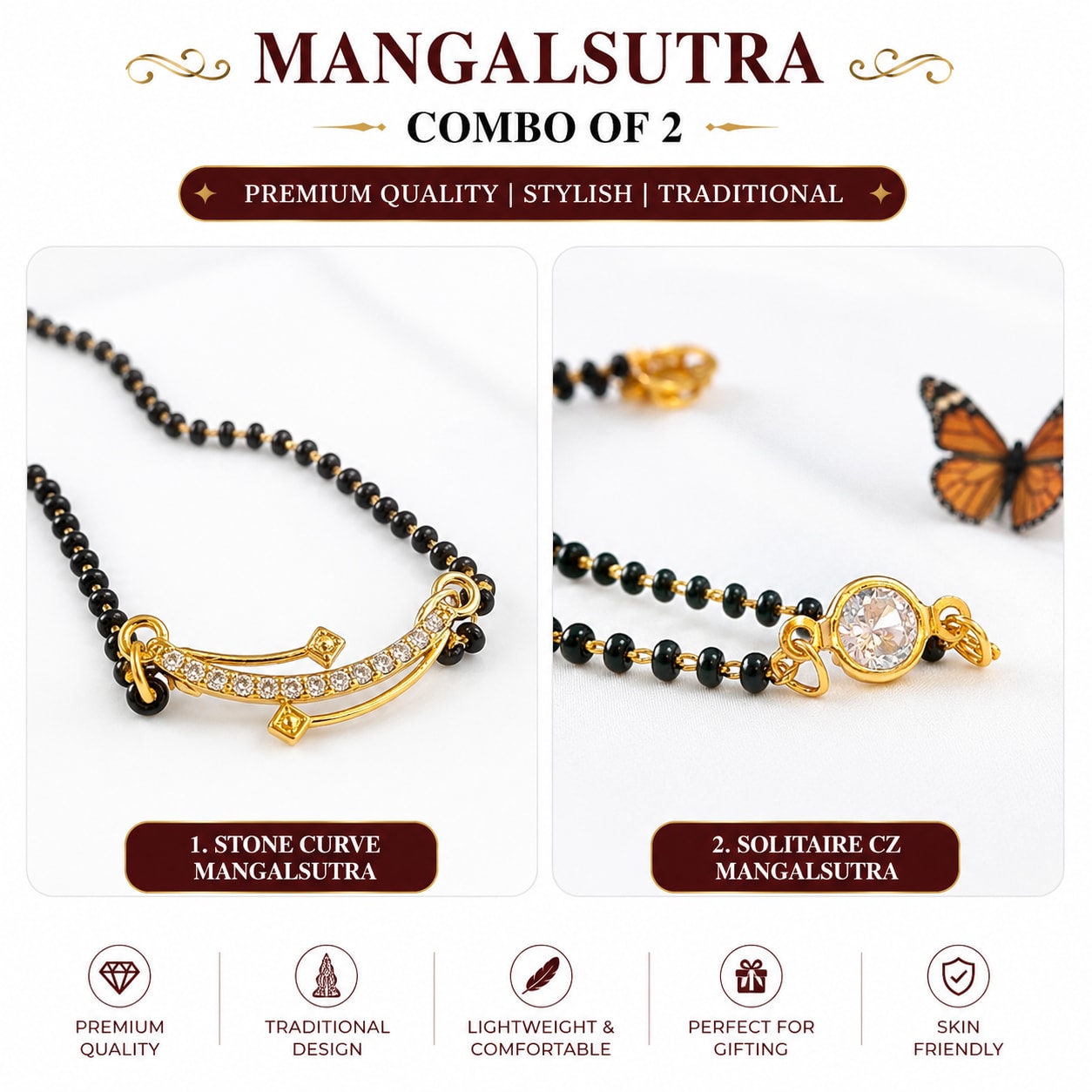 Pack of 2 Gold Plated Mangalsutra Combo for Women | Golden Curve & Single Stone Mangalsutra By Dkautin Enterprises, shop online in India