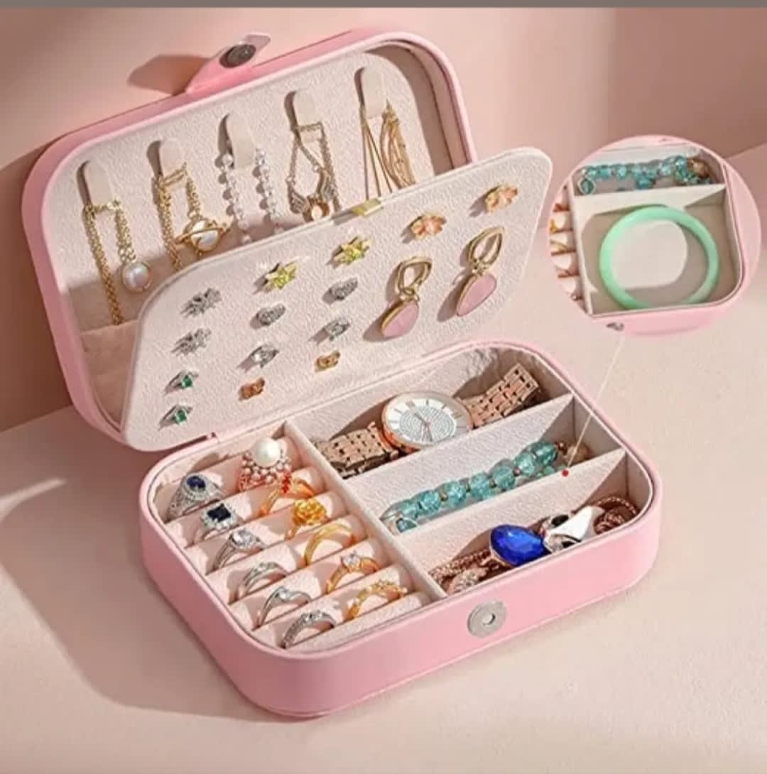 Portable PU Leather Travel Jewelry Organizer Box with Ring Holder, Earring Storage & Necklace Hooks | Pink | 1 Pc, thumbnail 2