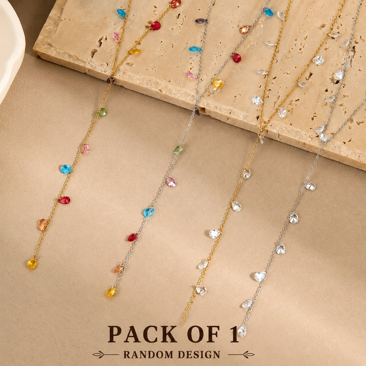 Gold & Silver Crystal Drop Tassel Necklace for Women & Girls | Elegant Long Chain Pendant Necklace | Pack of 1 (Random Design), shop online in India