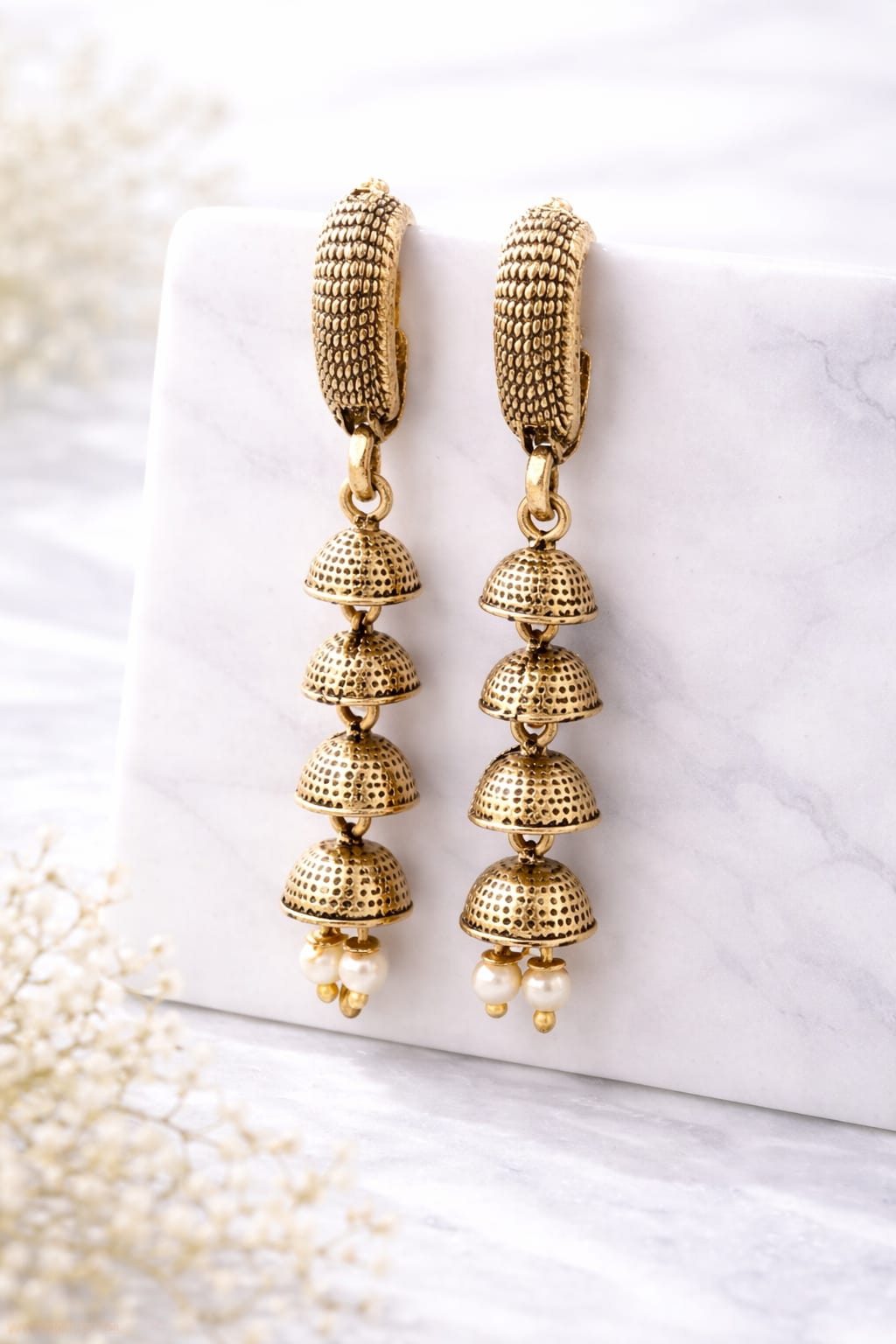 Antique Gold Plated Multi Dome Jhumka Drop Earrings for Women | Traditional Ethnic Dangler Earrings with Pearl Accents, shop online in India