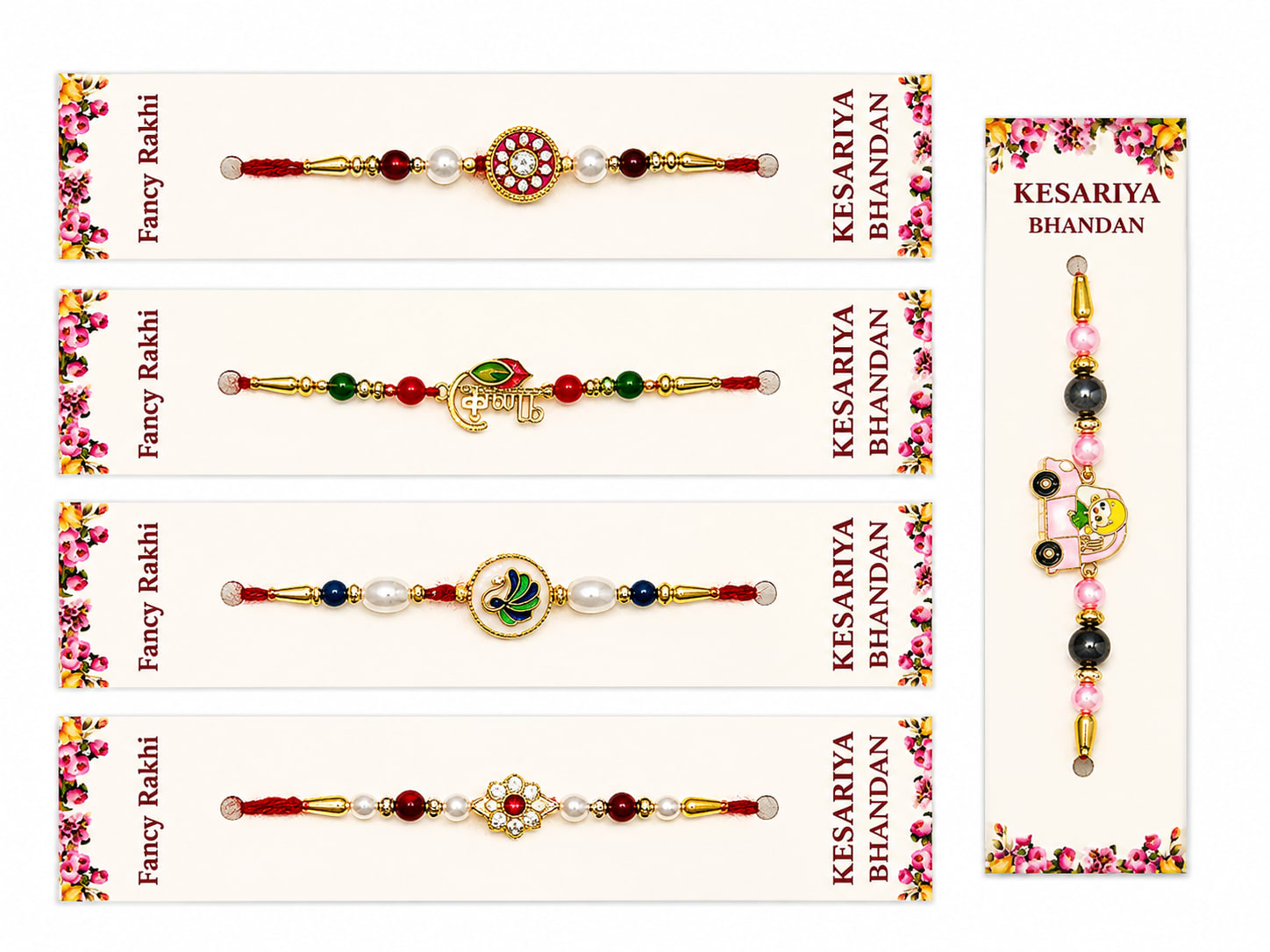 Kesariya Bandhan Premium Fancy Rakhi Set of 5 | Designer Kids, Om, Peacock, Floral & Pearl Rakhi Combo | Handcrafted Raksha Bandhan Rakhi Collection — wholesale price India