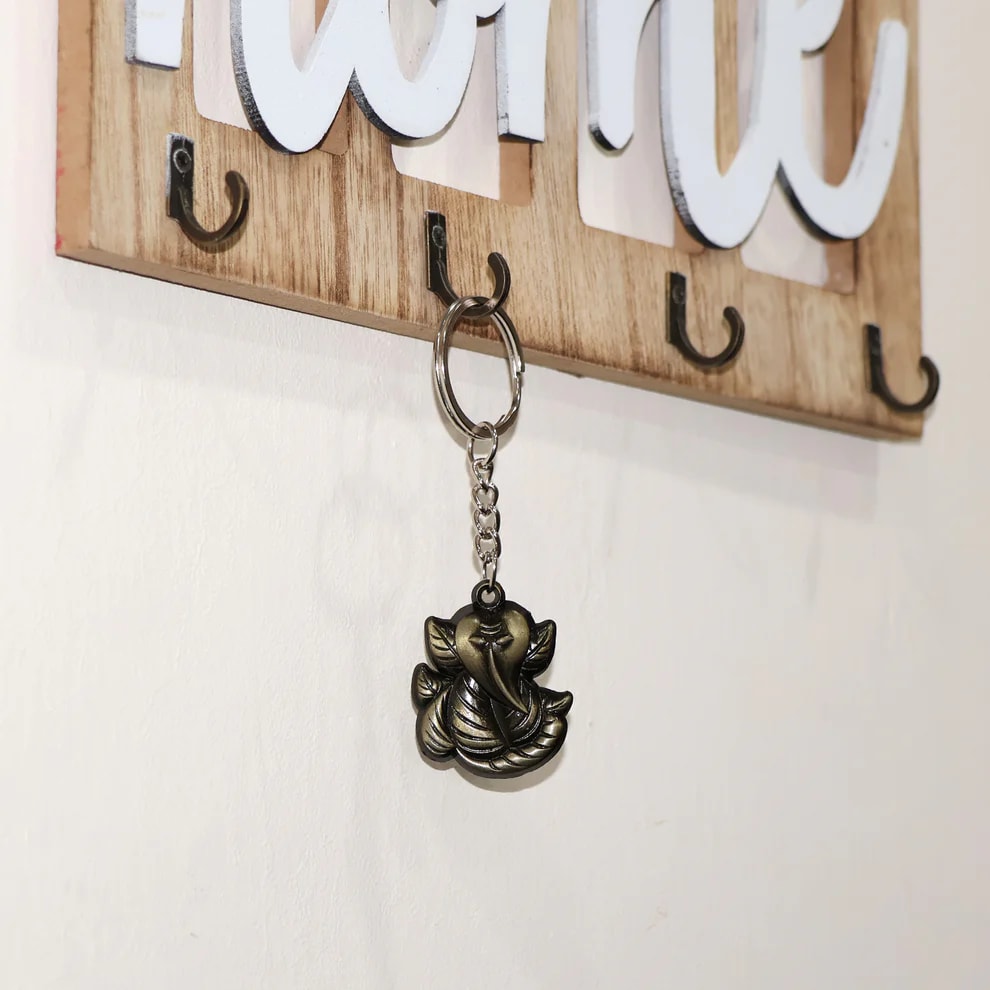 Lord Ganesha Metal Keychain | Ganpati Bappa Key Ring for Car, Bike, House & Office Keys | Antique Finish Religious Key Holder, thumbnail 2
