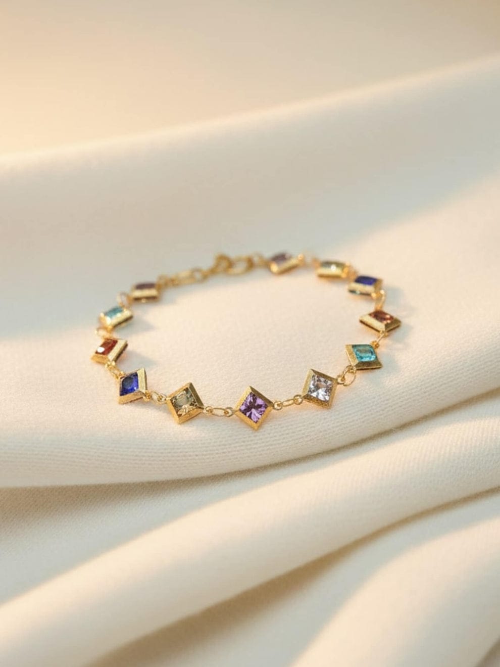 Multicolor Square Crystal Gold Plated Adjustable Bracelet for Women | Geometric Link Bracelet — wholesale price India