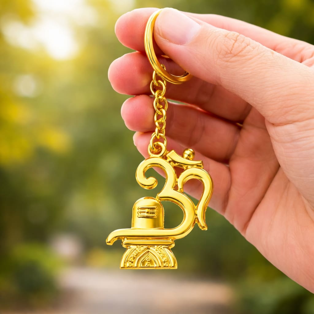 Gold Plated Om Shiv Ling Keychain | Religious Metal Key Ring for Car, Bike, Home & Office Keys | Lucky Spiritual Key Holder Gift, thumbnail 3
