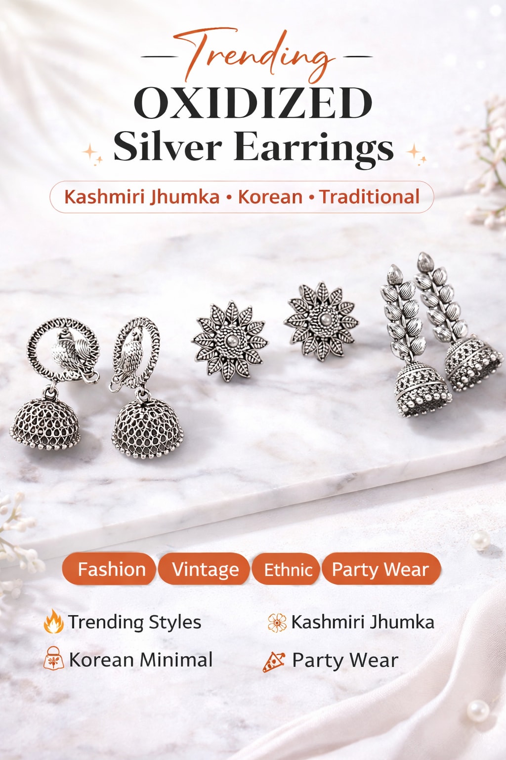 Shringarika Oxidised Silver Earrings Combo Pack of 3 for Women & Girls | Kashmiri Jhumka, Korean Stud & Traditional Party Wear Earrings — wholesale price India