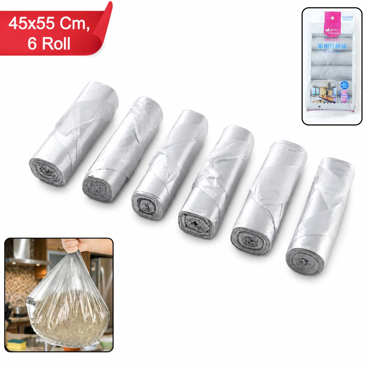 Disposable Garbage Bags Roll 45×55 cm – Pack of 6 Rolls | Leakproof Kitchen Dustbin Trash Bags | Strong Multipurpose Waste Disposal Bags — wholesale price India