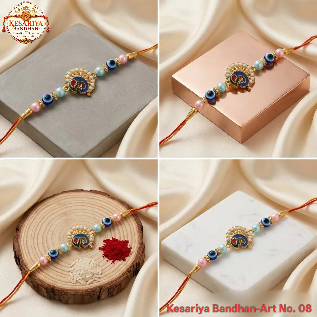 Meenakari Peacock Evil Eye Rakhi | Kesariya Bandhan, thumbnail 4