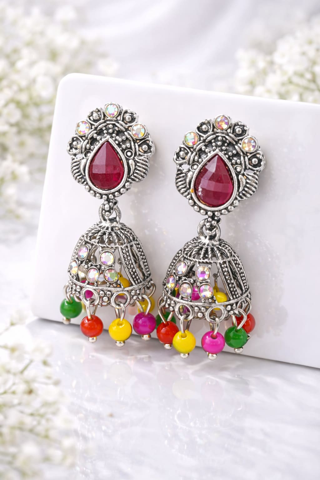 Oxidised Silver Plated Multicolor Beaded Jhumka Earrings for Women | Traditional Ethnic Dangler Earrings with Ruby Red Stone, shop online in India