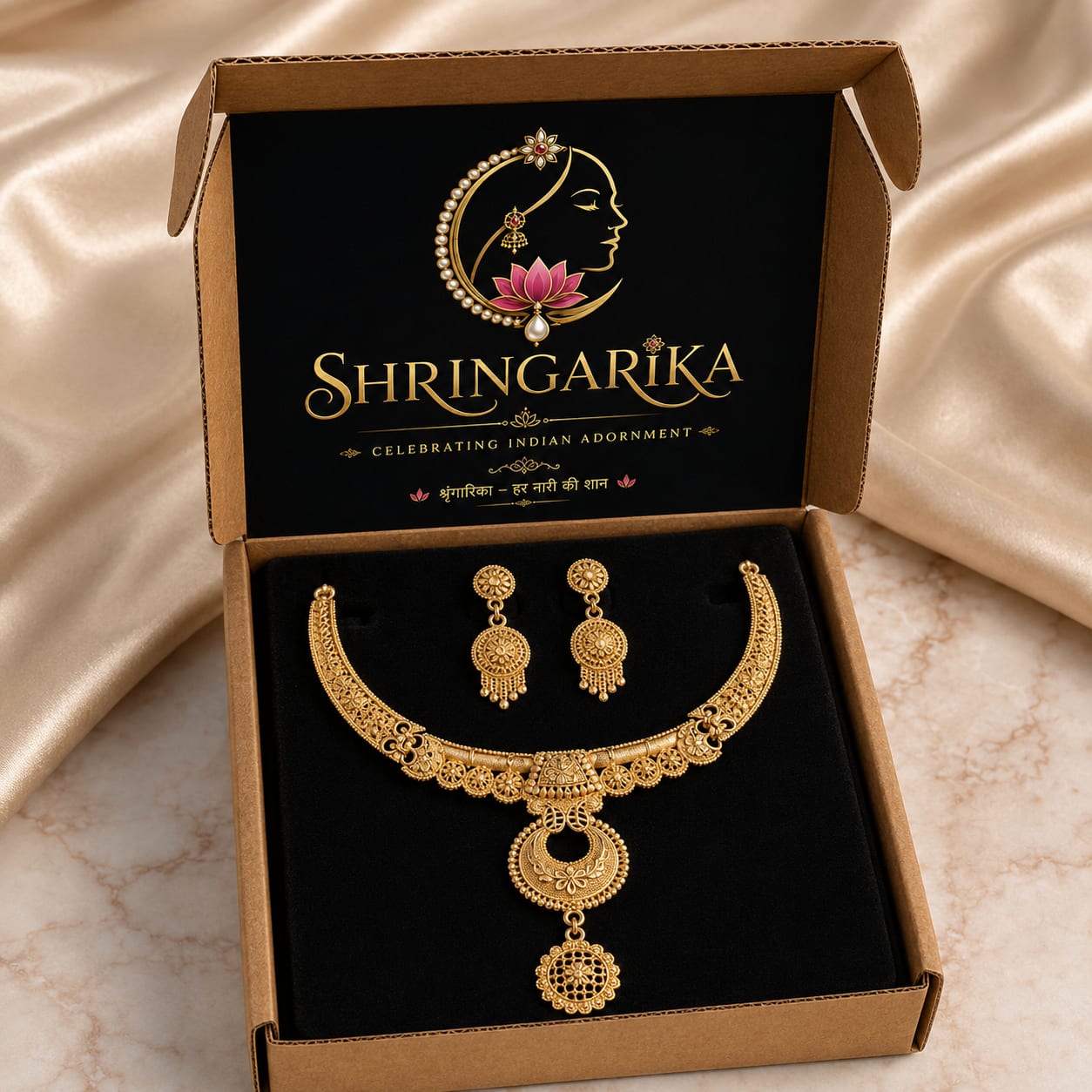 Shringarika Traditional Gold-Tone Filigree Necklace Set for Women, thumbnail 2