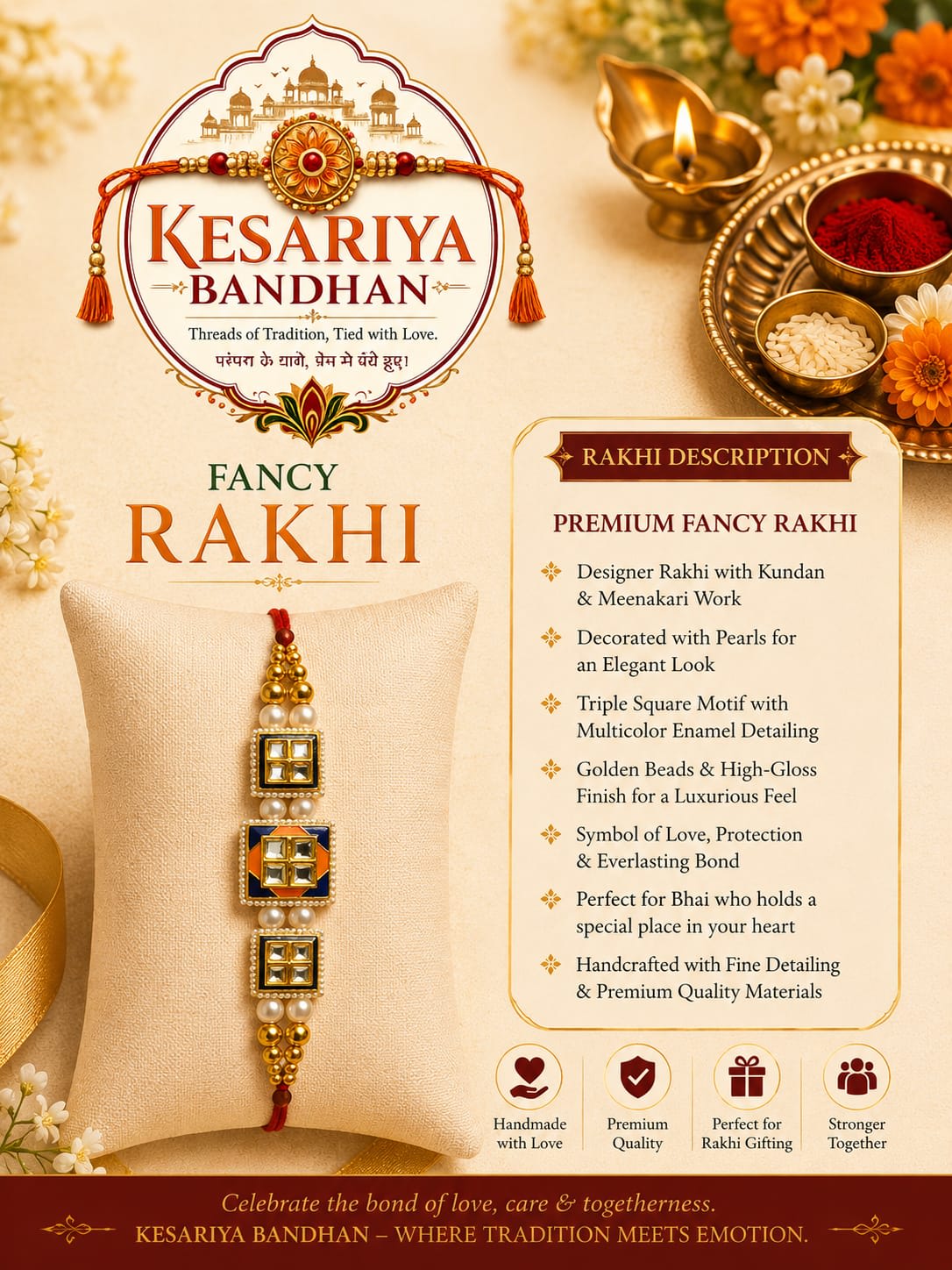 Kesariya Bandhan Premium Square Designer Rakhi | Kundan, Meenakari & Pearl Fancy Rakhi | Handcrafted Raksha Bandhan Rakhi for Brother — wholesale price India