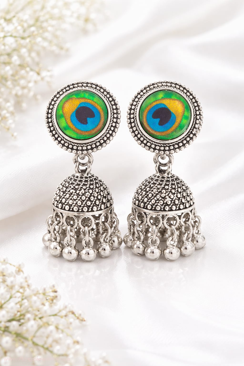 Oxidised Silver Peacock Feather Jhumka Earrings for Women | Traditional Ethnic Dome Dangler Earrings, thumbnail 2