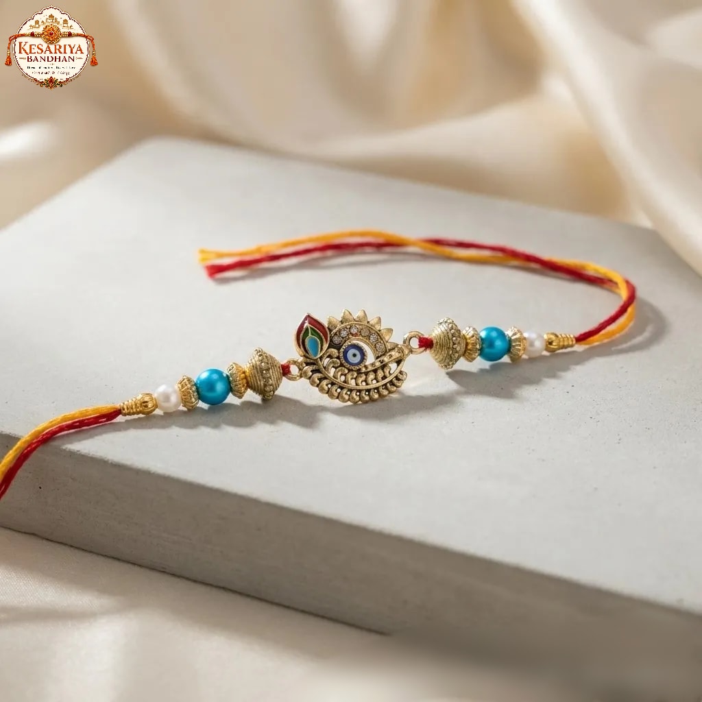Peacock Evil Eye Rakhi with Blue Pearls | Kesariya Bandhan, thumbnail 3