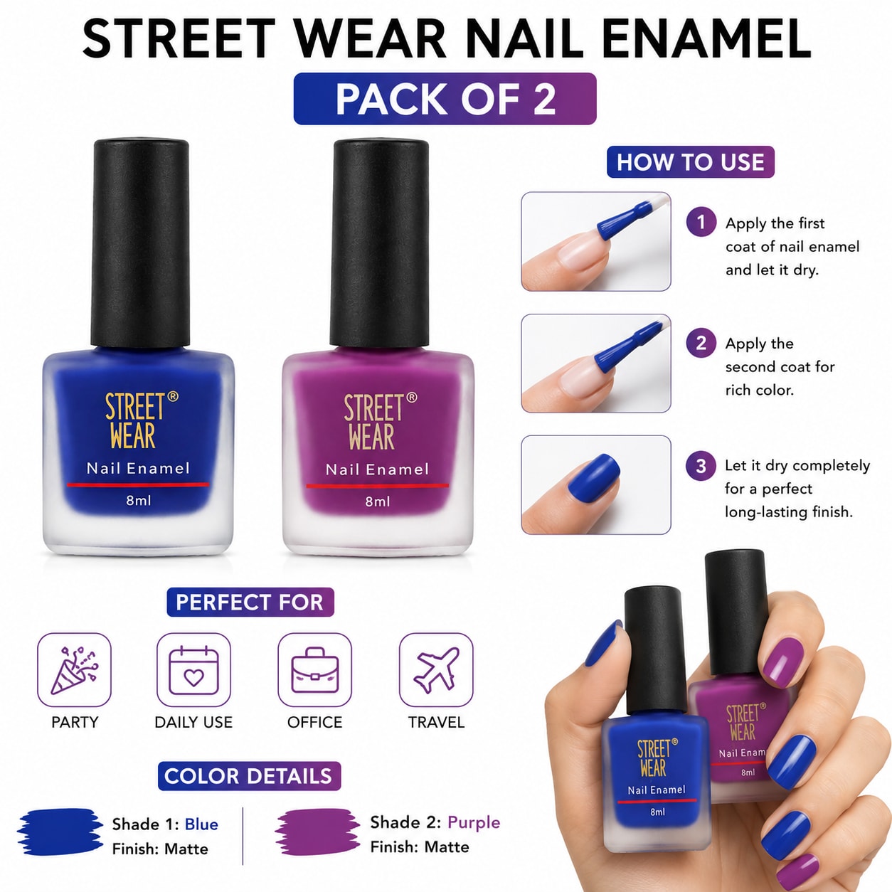 Street Wear Matte Nail Enamel Pack of 2 | Blue & Purple Shades, thumbnail 2