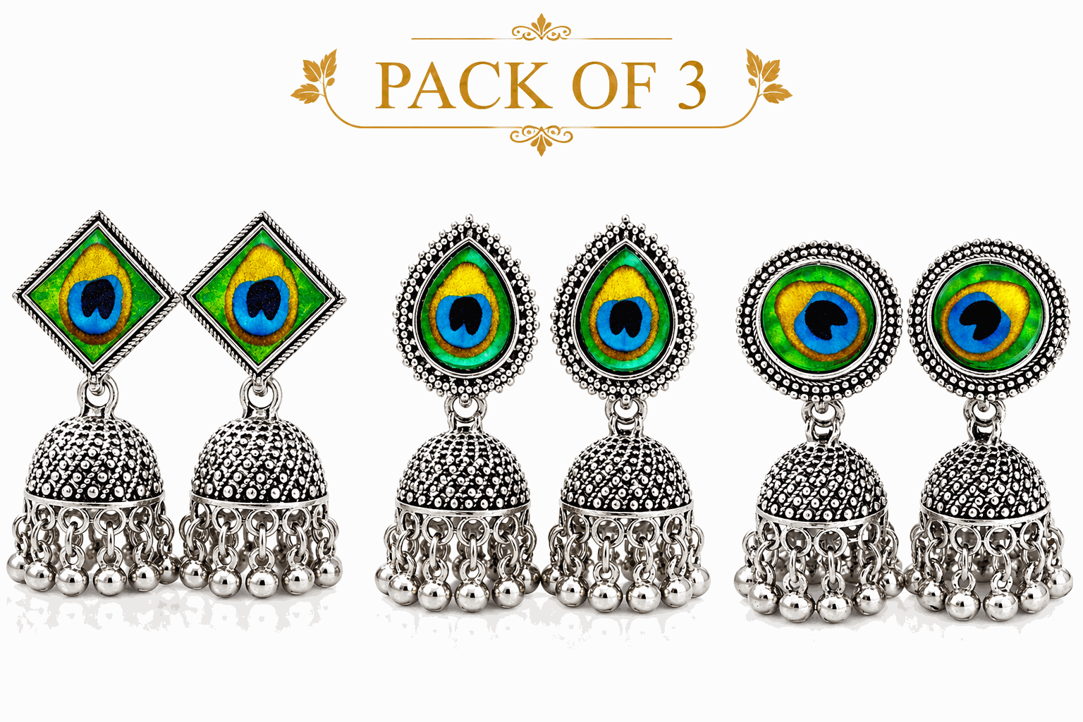 Pack of 3 Oxidised Peacock Jhumka Earrings Combo for Women & Girls, shop online in India