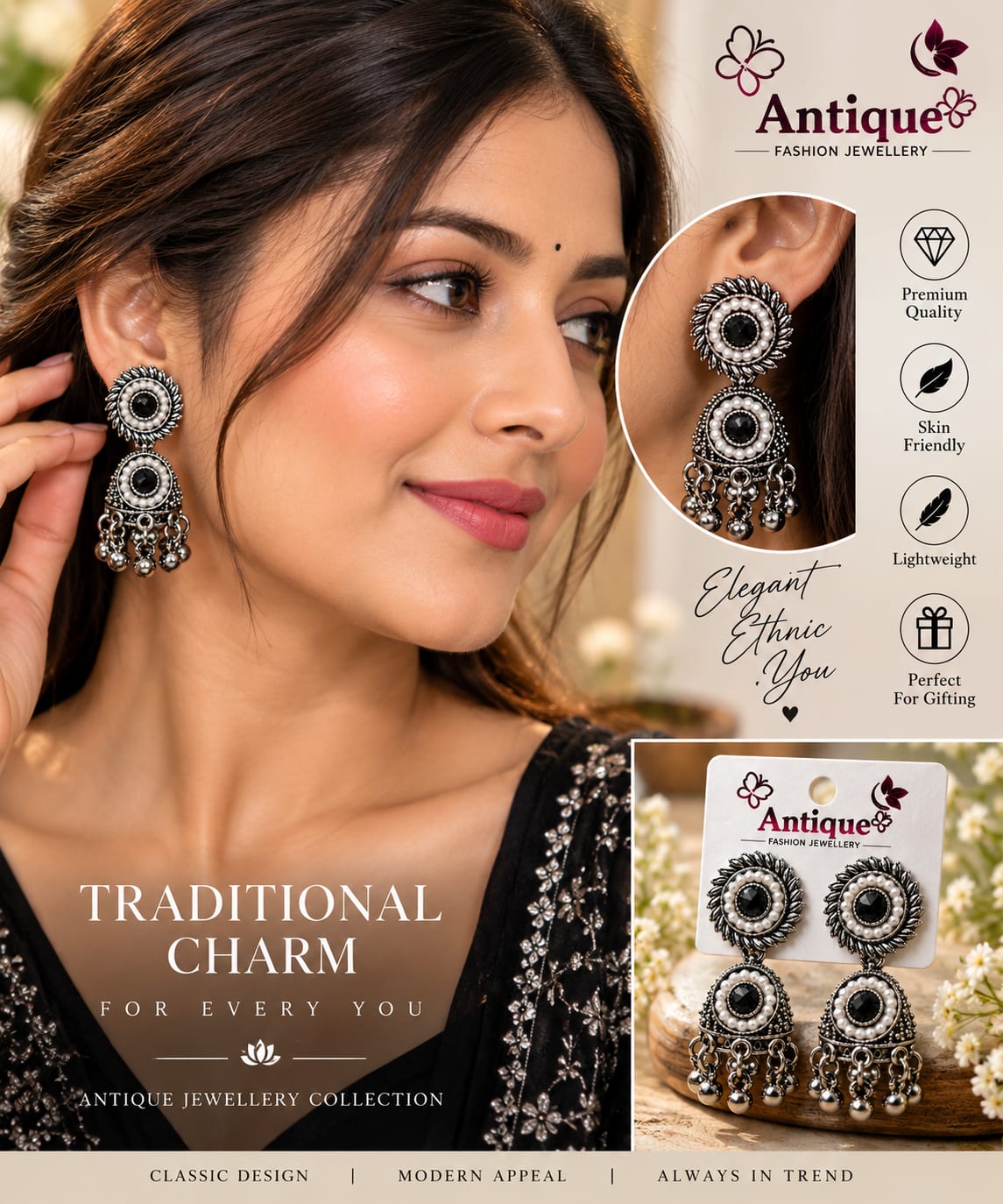 Shringarika Oxidised Silver Black Stone Pearl Jhumka Earrings, thumbnail 2