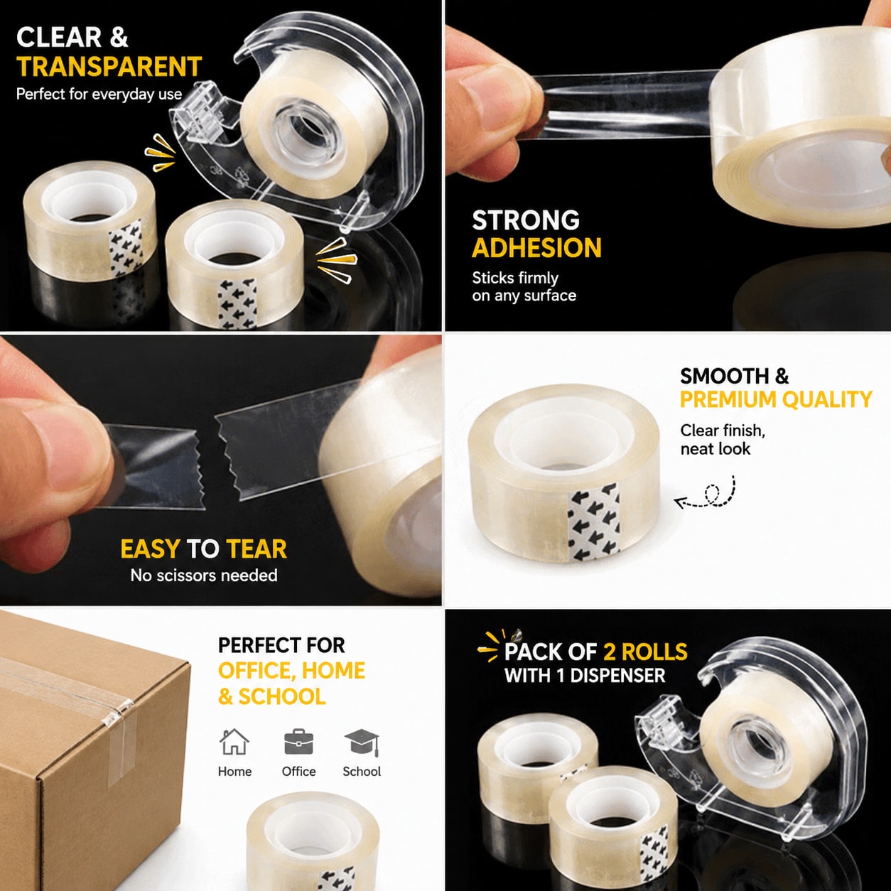 Transparent Mini Tape with Dispenser | Clear Adhesive Office & Stationery Tape | Pack of 2 Tape Rolls + 1 Dispenser, thumbnail 2