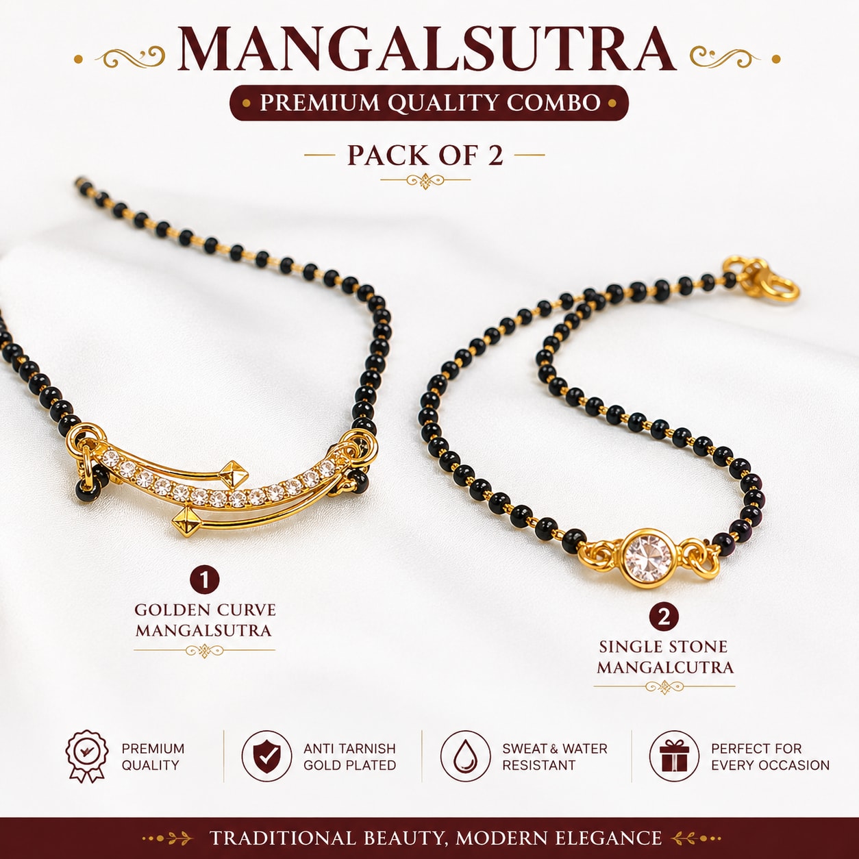 Pack of 2 Gold Plated Mangalsutra Combo for Women | Golden Curve & Single Stone Mangalsutra By Dkautin Enterprises, thumbnail 2