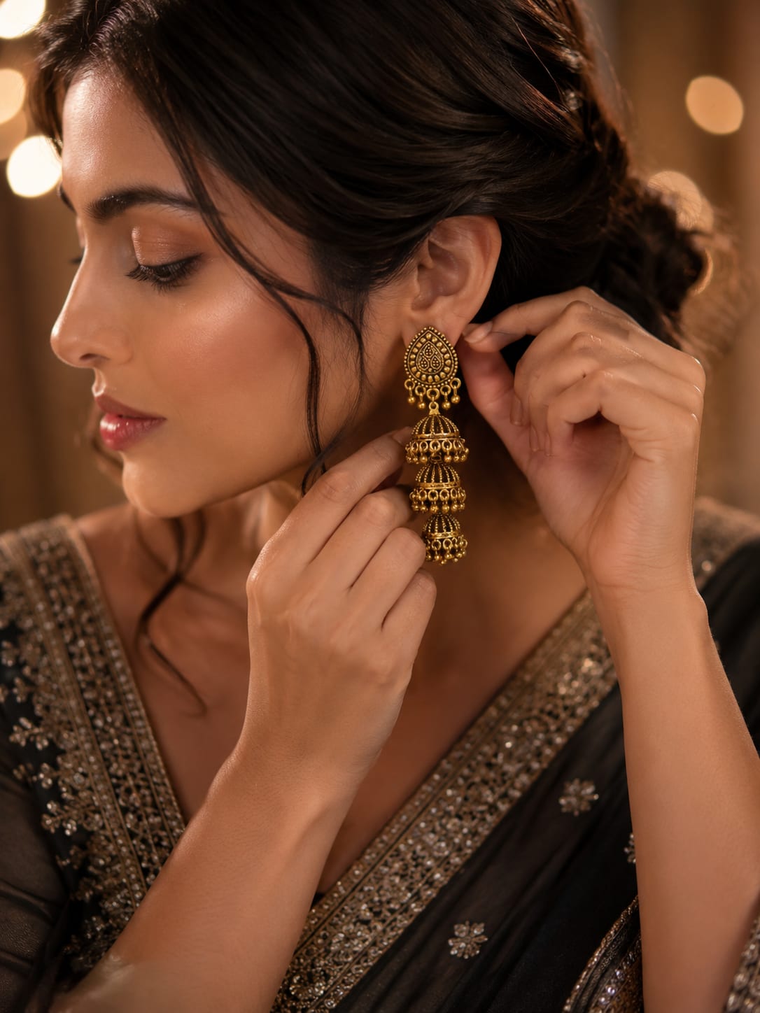 Shringarika Antique Gold-Tone Triple Layer Jhumka Earrings for Women, thumbnail 3