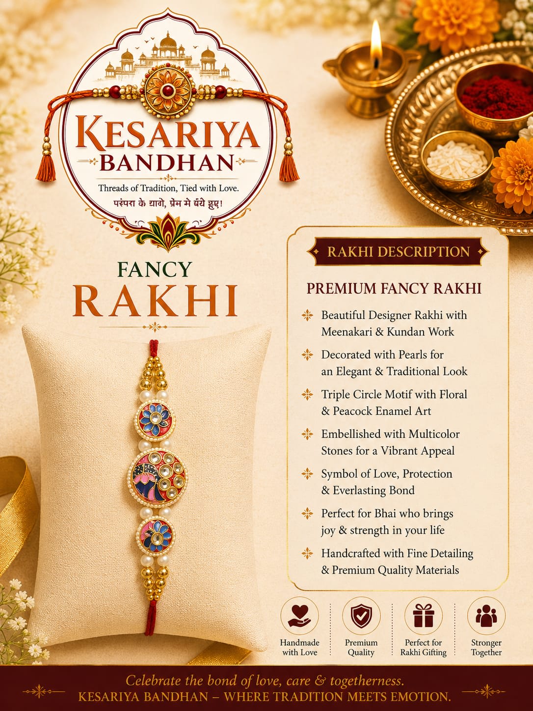 Kesariya Bandhan Premium Fancy Peacock Rakhi | Meenakari, Kundan & Pearl Designer Rakhi | Handcrafted Raksha Bandhan Rakhi for Brother — wholesale price India