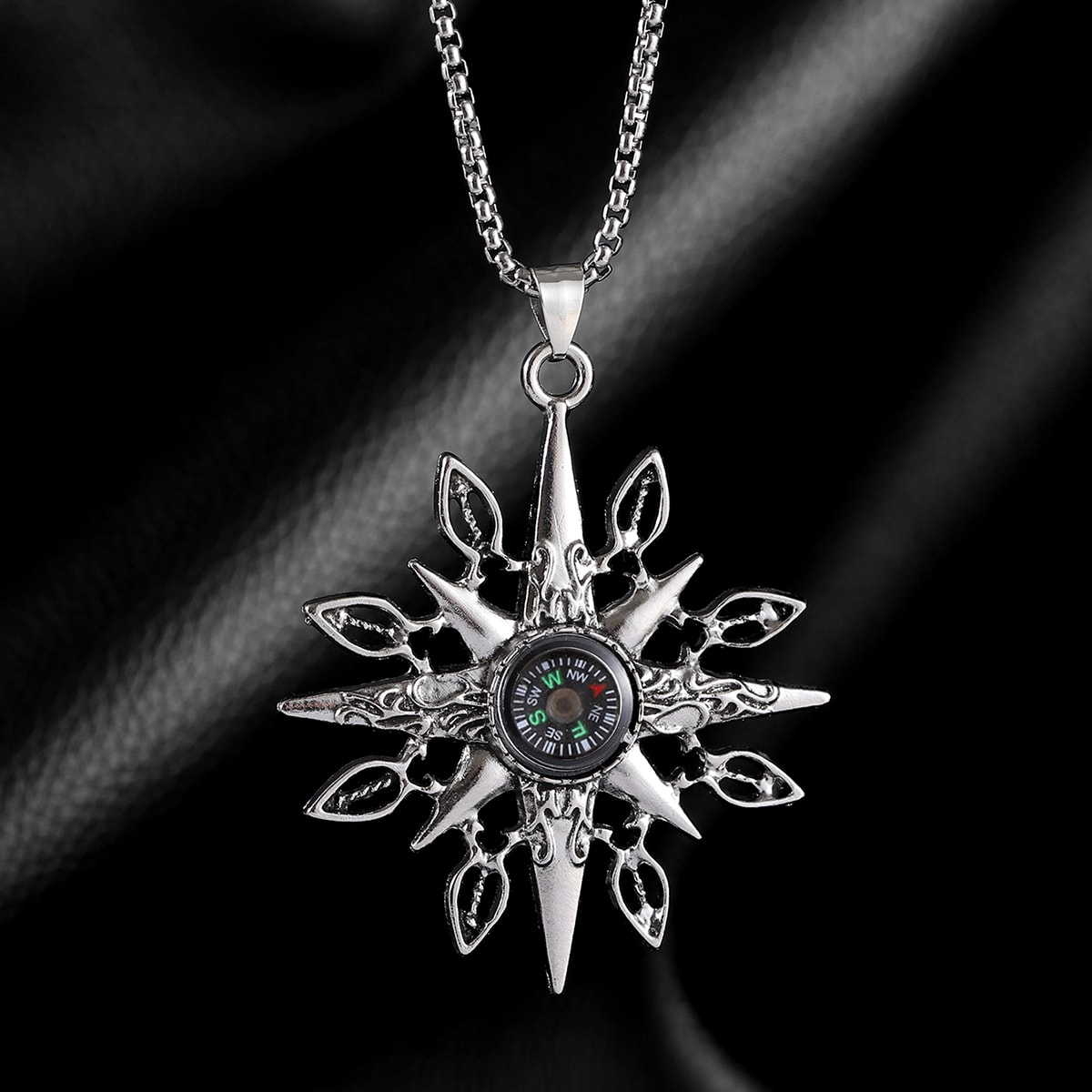 Vintage Compass Star Pendant Necklace for Women & Men | Silver-Tone Statement Chain Necklace, thumbnail 2