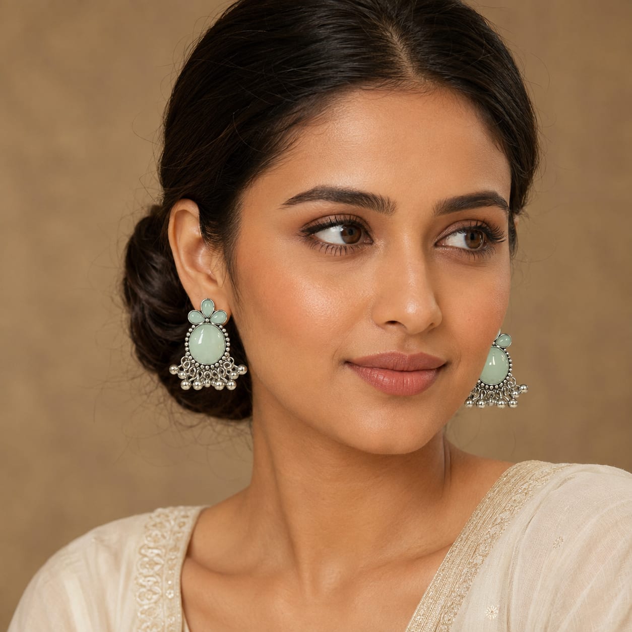 Shringarika Mint Green Stone Oxidised Ghungroo Earrings for Women, thumbnail 2