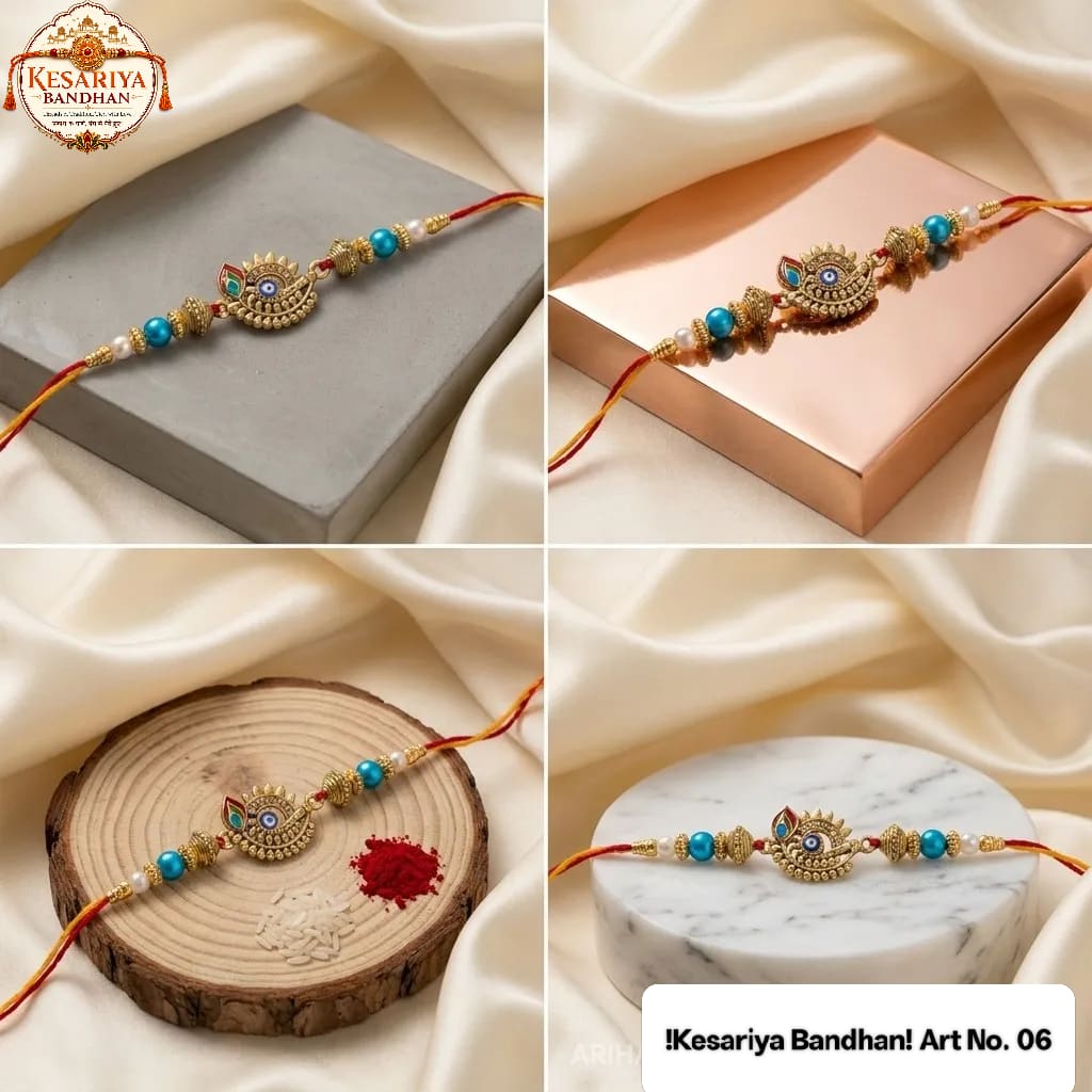 Peacock Evil Eye Rakhi with Blue Pearls | Kesariya Bandhan, thumbnail 4