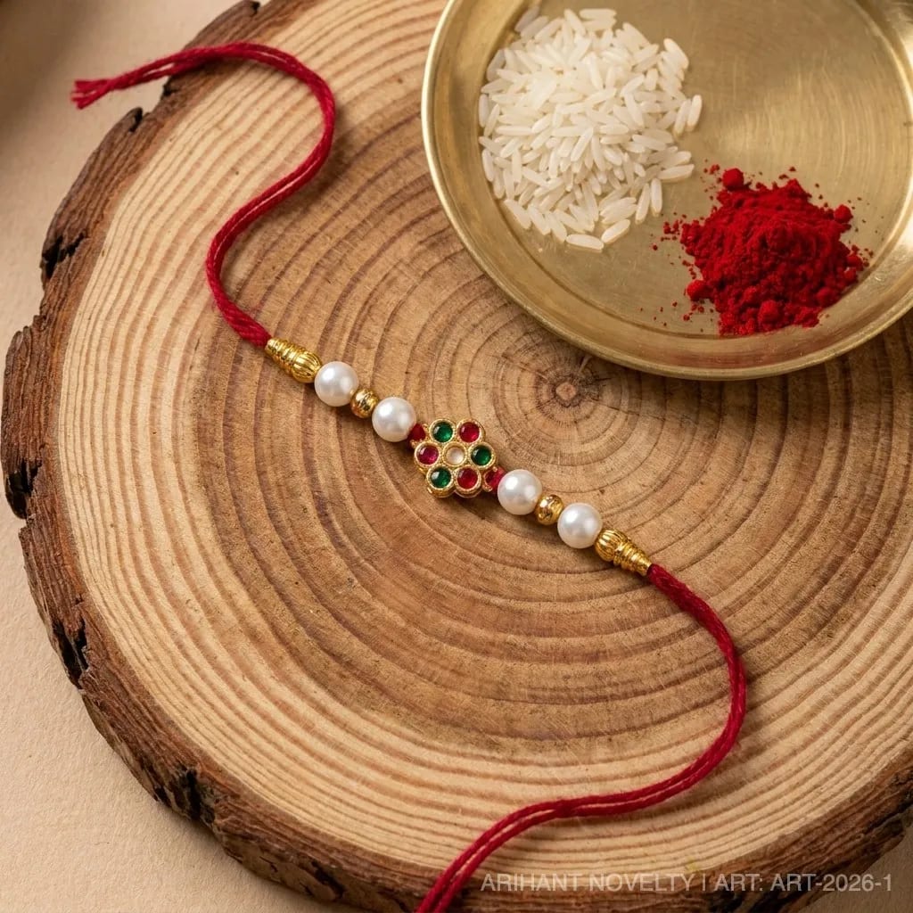 Kesariya Bandhan Premium Pearl Designer Rakhi for Brother | Traditional Floral Stone Rakhi | Handmade Raksha Bandhan Rakhi, shop online in India