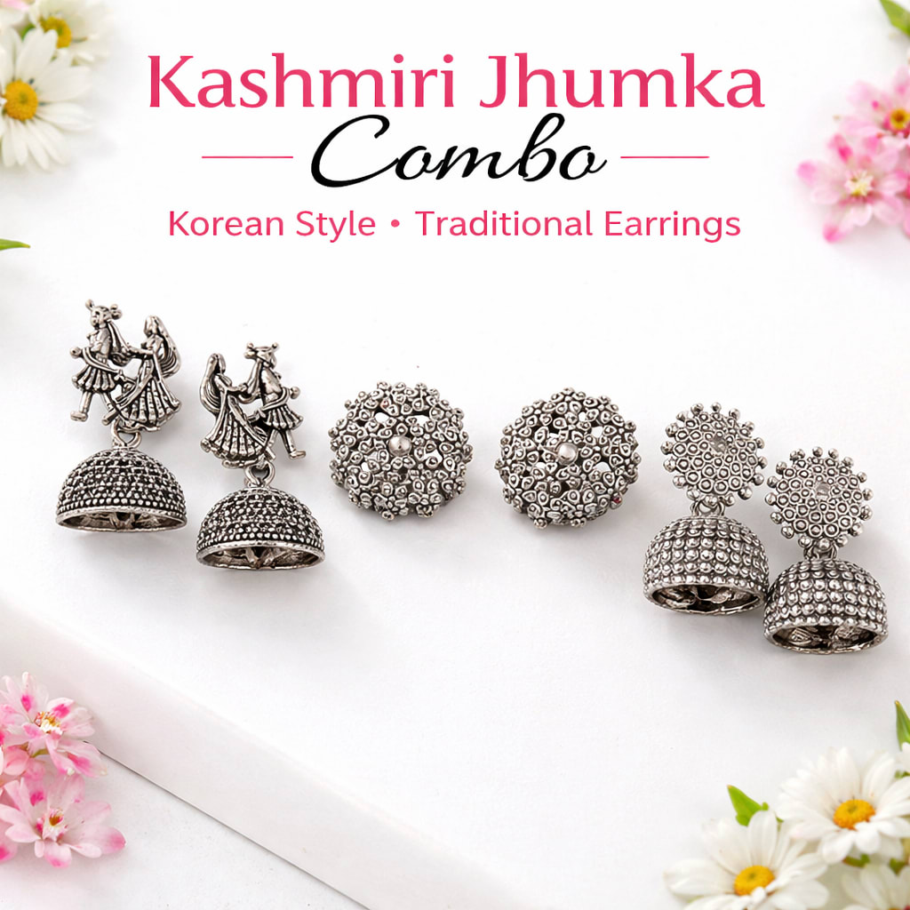Kashmiri Jhumka Combo Pack of 3 for Women & Girls | Oxidised Silver Traditional Earrings Set | Korean Style Stud & Jhumka Earrings | Lightweight Ethnic Party Wear Jewellery Combo | Daily Wear, Festive & Gift Collection — wholesale price India
