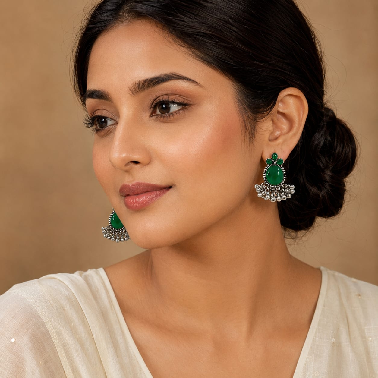 Shringarika Emerald Green Oxidised Silver Dangle Earrings, thumbnail 2