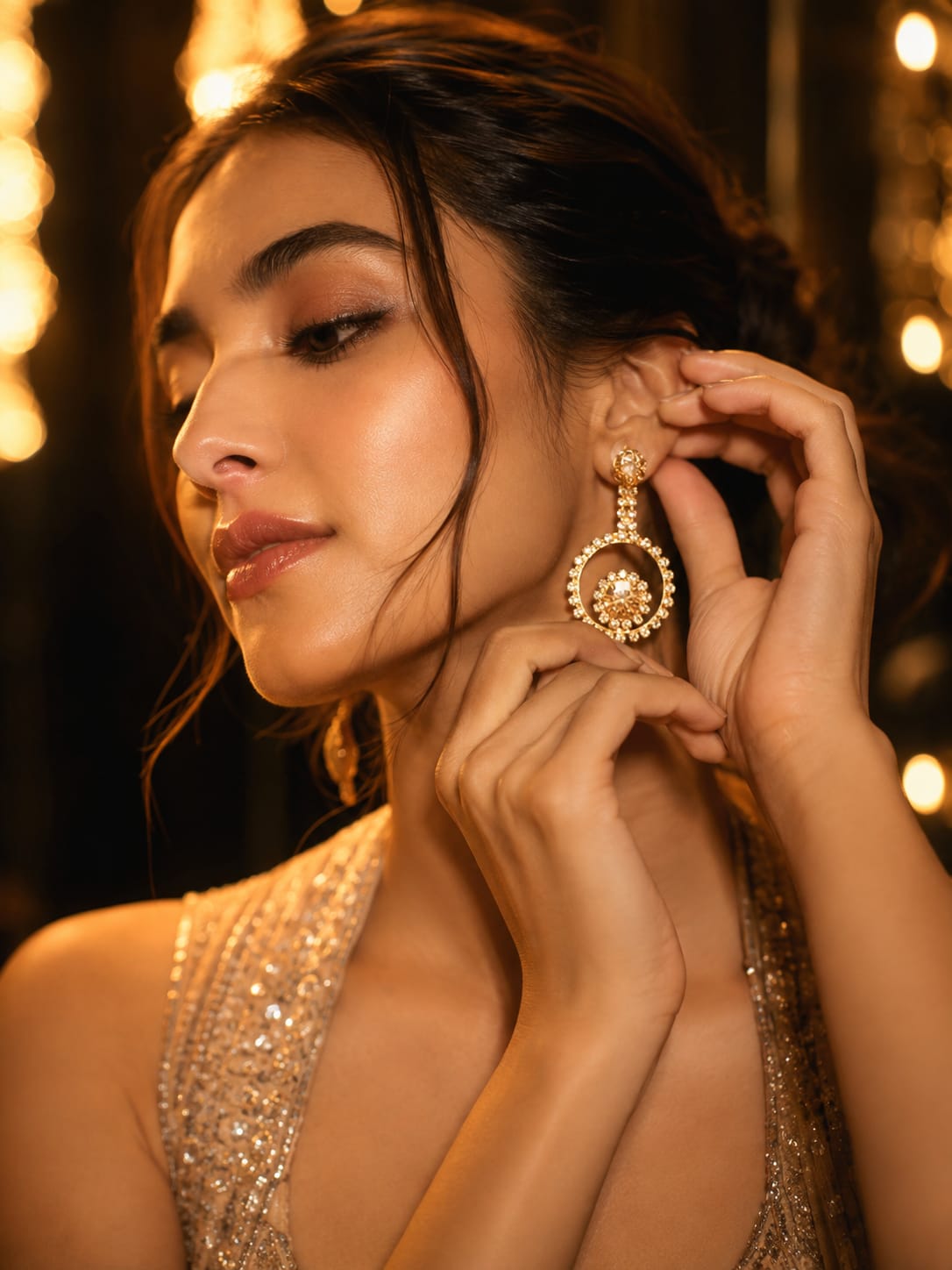 Shringarika Rose Gold-Tone Crystal Circular Drop Earrings for Women by Dkautin Enterprises, thumbnail 3