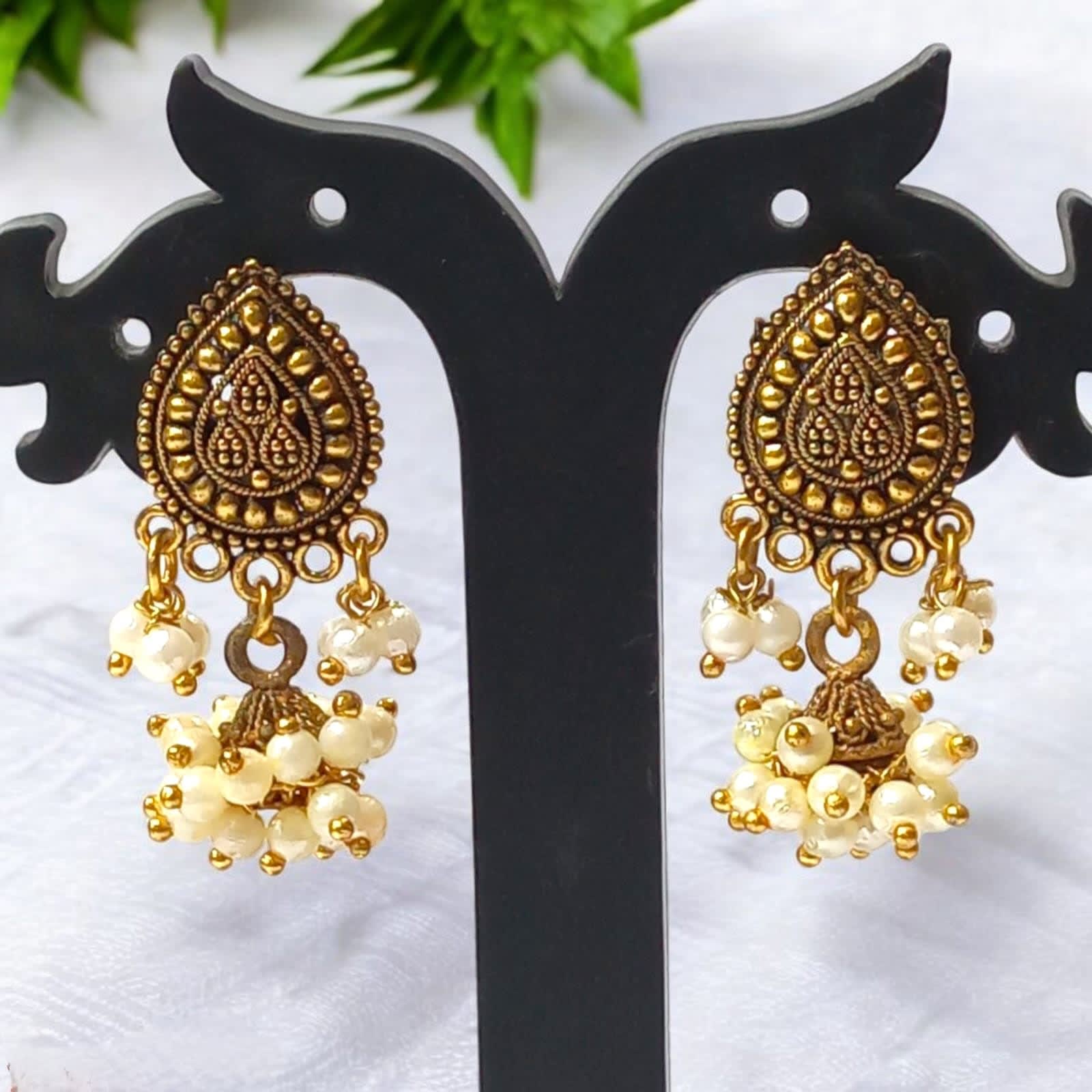 Shringarika Antique Gold-Tone Teardrop Jhumka Earrings with Pearl Beads for Women, thumbnail 2