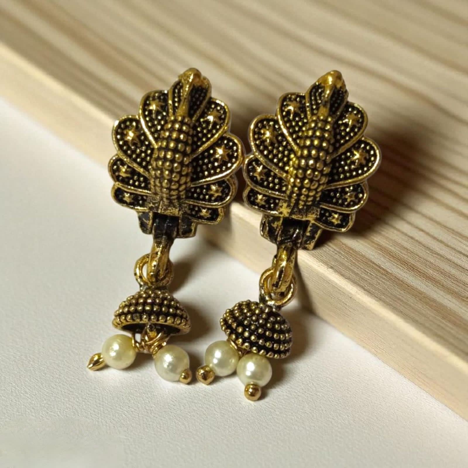 Antique Gold Peacock Jhumka with Pearl Beads | Shringarika, thumbnail 2