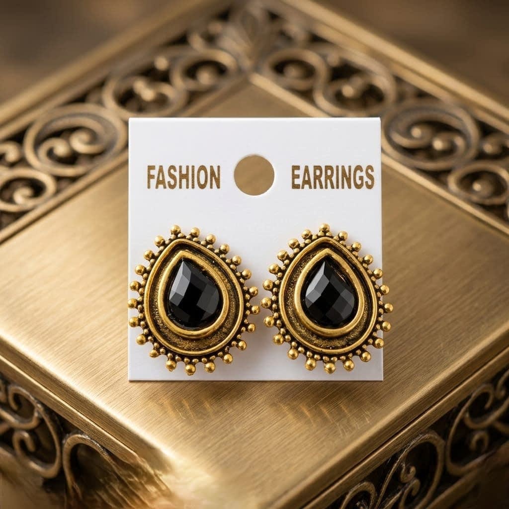 Shringarika Antique Gold-Finish Teardrop Black Stone Stud Earrings by Dkautin Enterprises, thumbnail 2