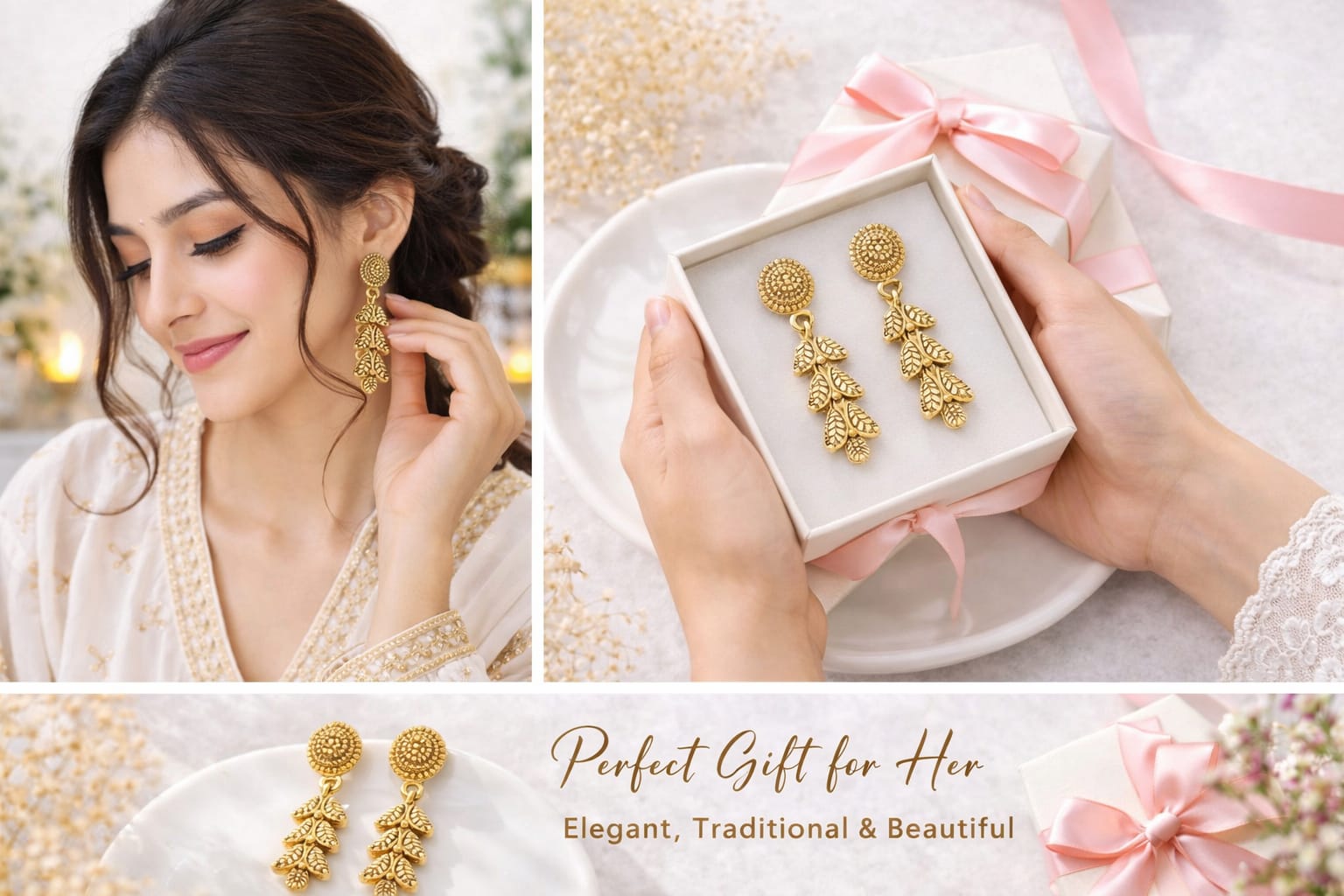 Antique Gold Plated Leaf Drop Earrings for Women | Traditional Ethnic Dangler Earrings | Lightweight Fashion Jewellery, thumbnail 3