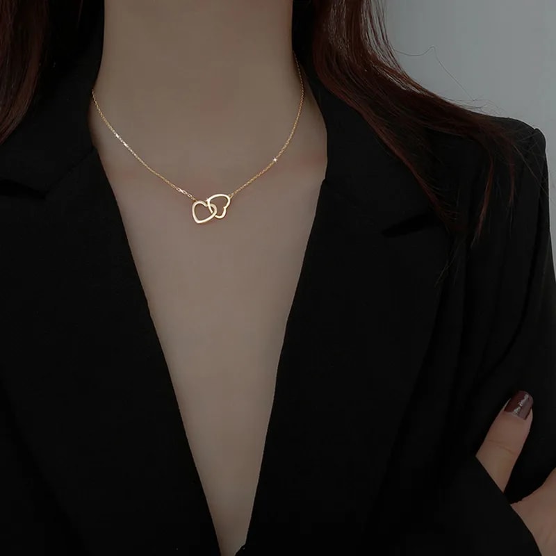 Gold Plated Double Heart Pendant Necklace for Women & Girls | Minimalist Heart Chain Necklace, thumbnail 2