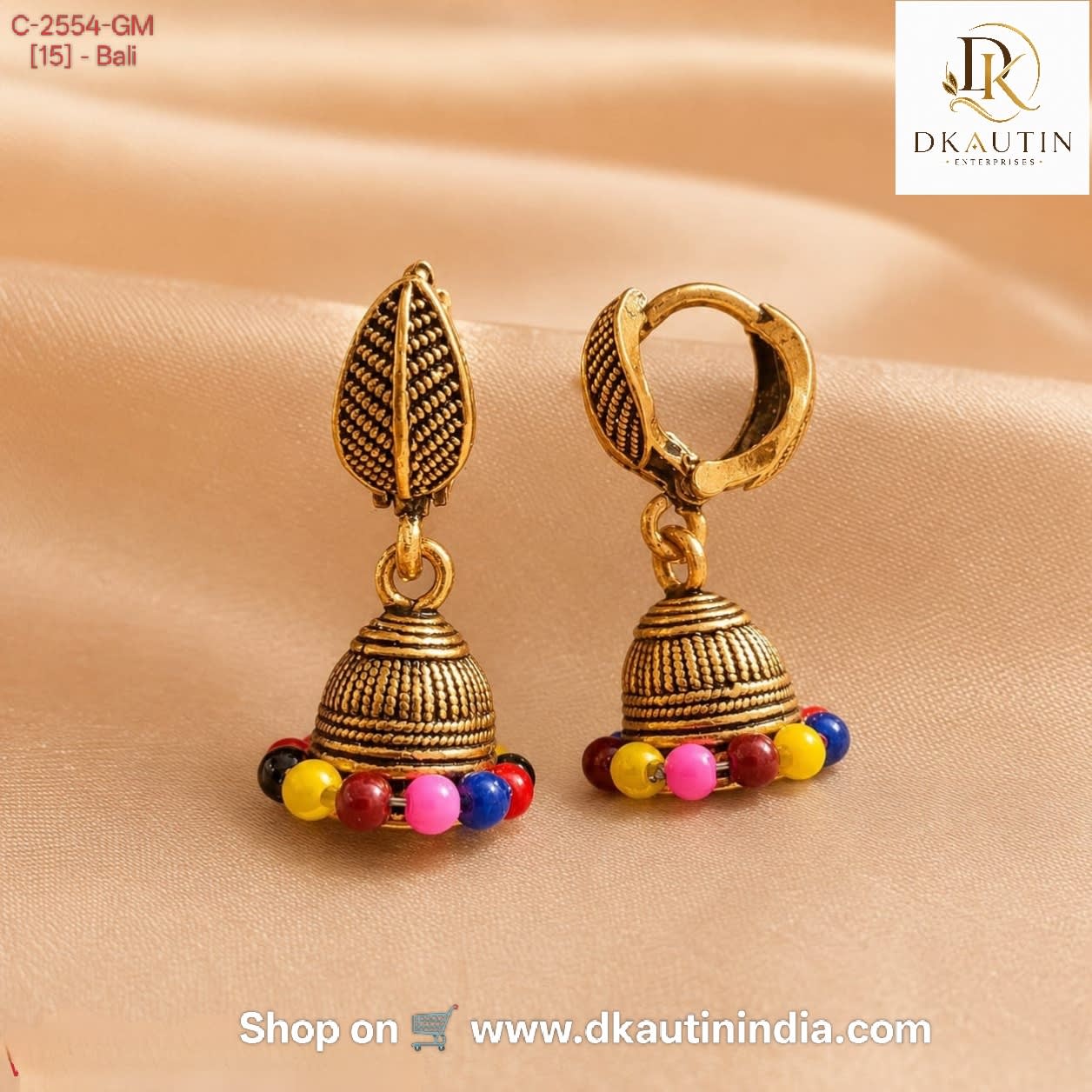 Antique Gold Leaf Jhumka with Colourful Beads | Shringarika, shop online in India