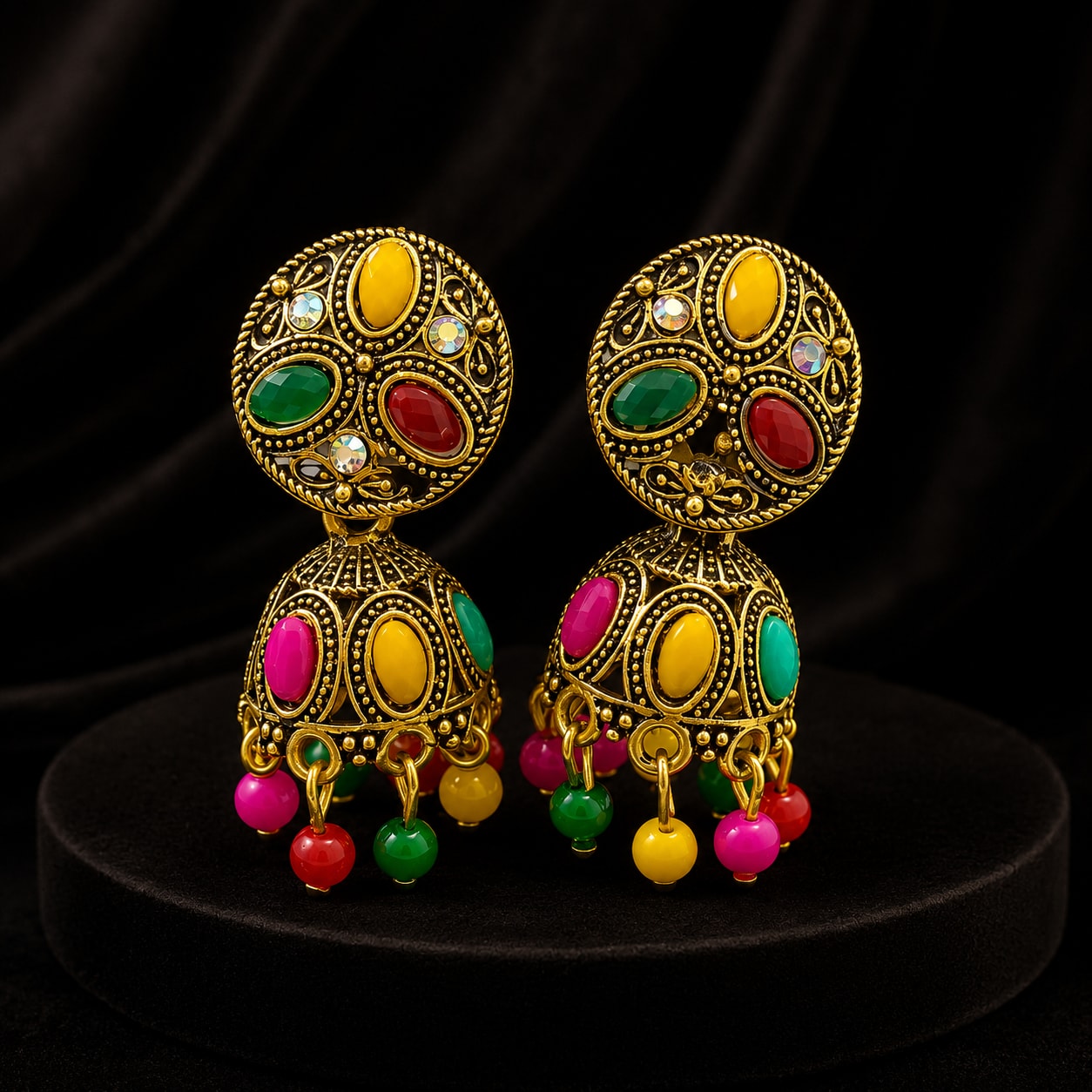 Shringarika Antique Gold-Tone Navratna Multicolour Stone Jhumka Earrings for Women, shop online in India