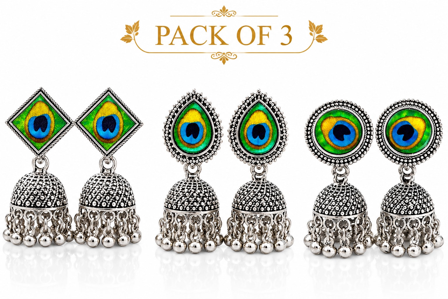 Pack of 3 Oxidised Peacock Jhumka Earrings Combo for Women & Girls, thumbnail 2