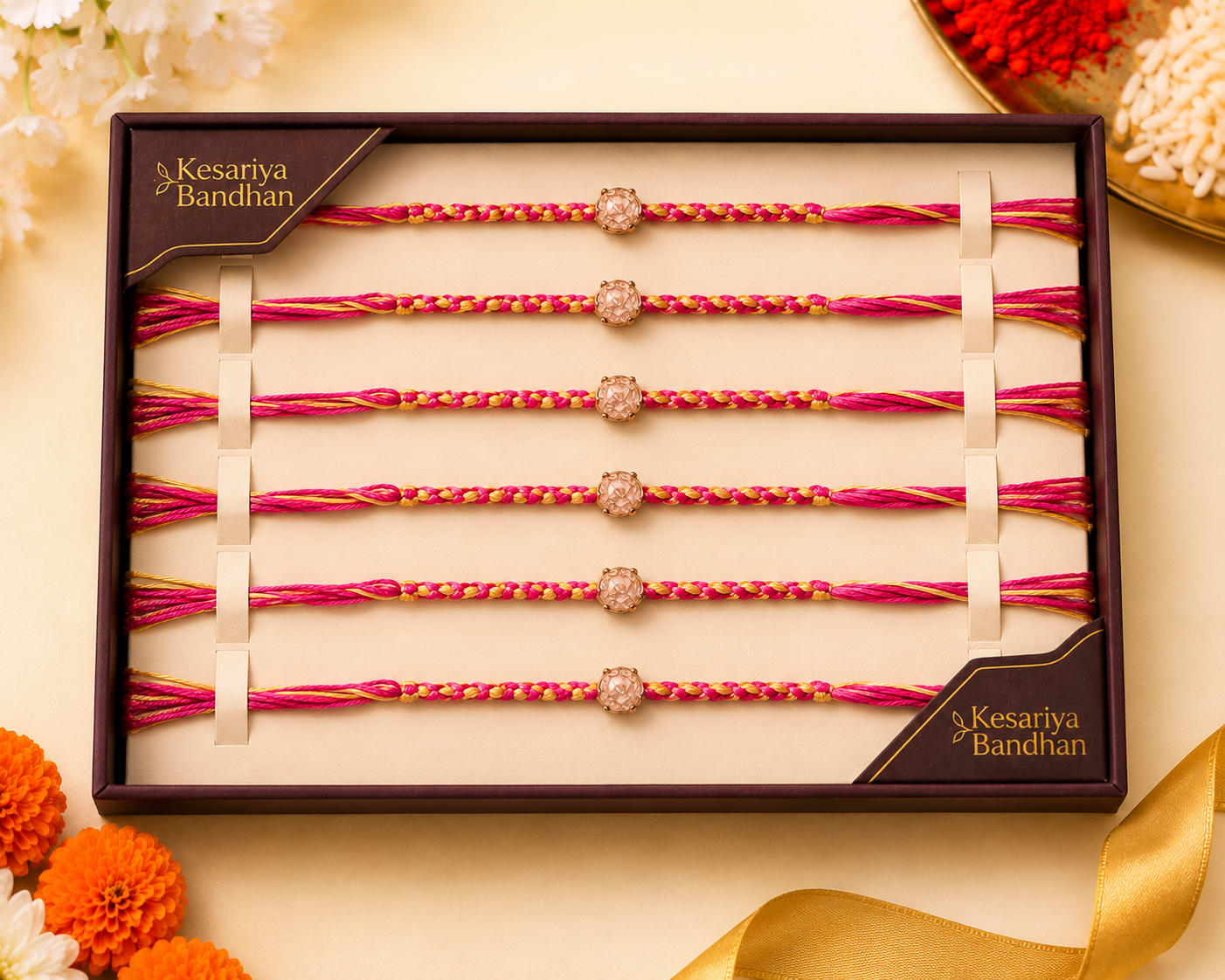 Premium Designer Rakhi for Brother | Pink White Rakhi- Kesariya Bandhan, thumbnail 2