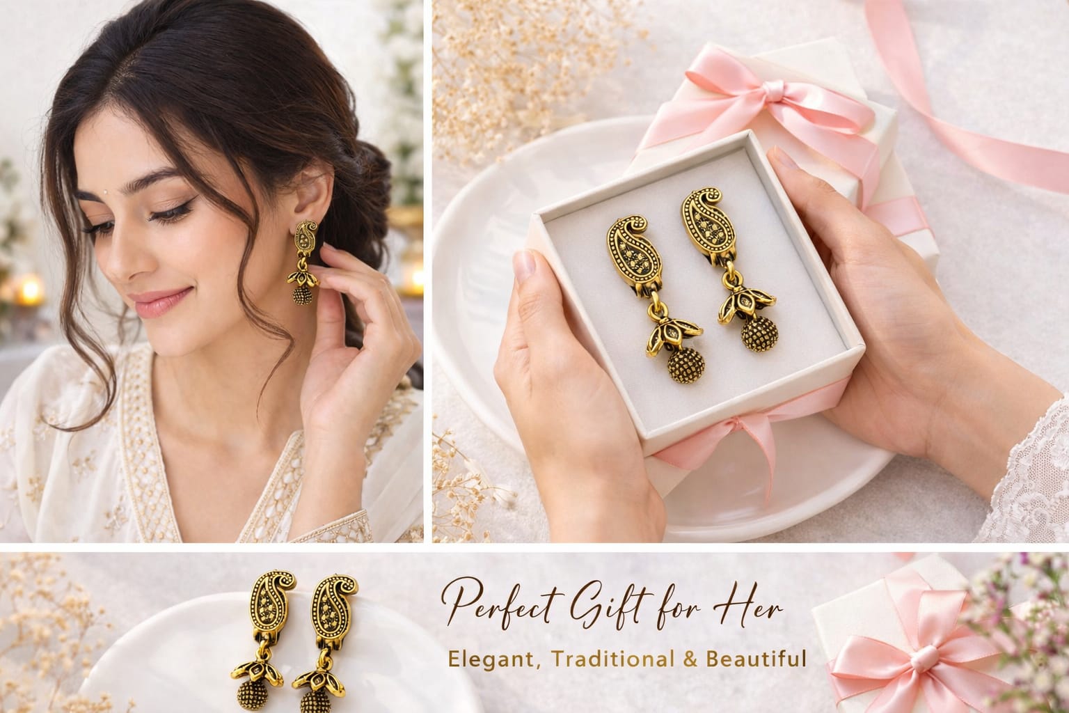 Antique Gold Plated Paisley Drop Earrings for Women | Traditional Ethnic Dangler Earrings | Lightweight Party & Festive Wear, thumbnail 3