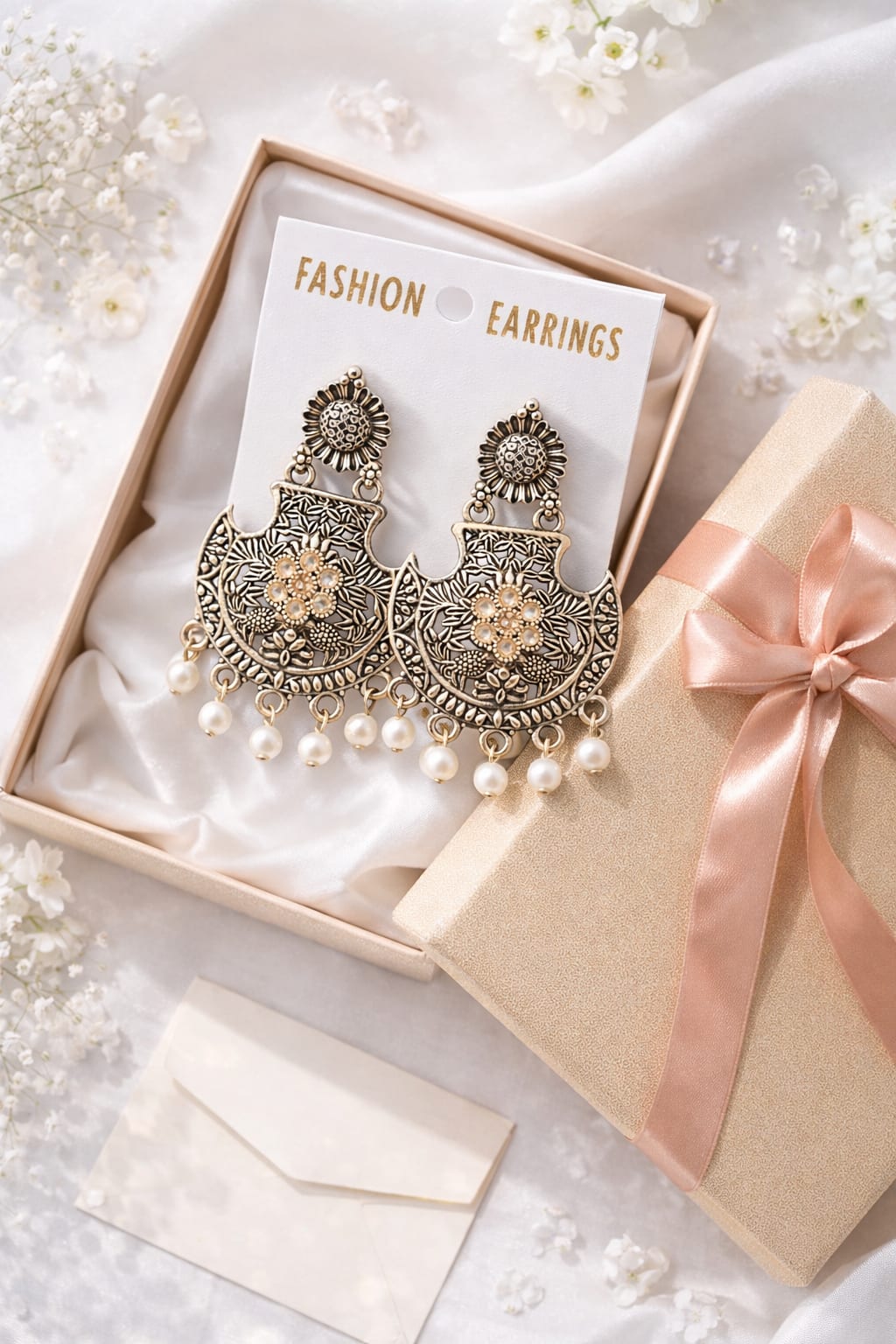 Oxidised Silver Pearl Chandbali Earrings for Women | Floral Statement Ethnic Drop Earrings, thumbnail 2