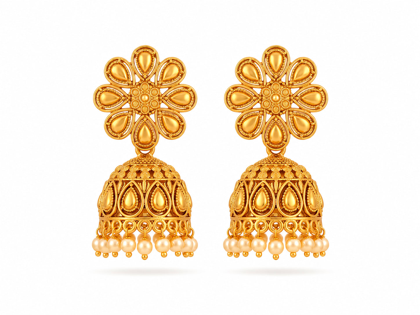 Gold Plated Floral Jhumka Earrings for Women & Girls | Traditional Ethnic Pearl Drop Earrings | 1 Pair, thumbnail 4