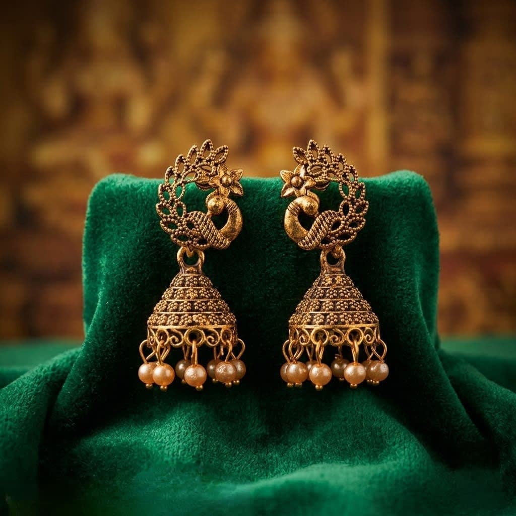 Antique Gold Peacock Jhumka with Pearl Drops | Shringarika, thumbnail 2