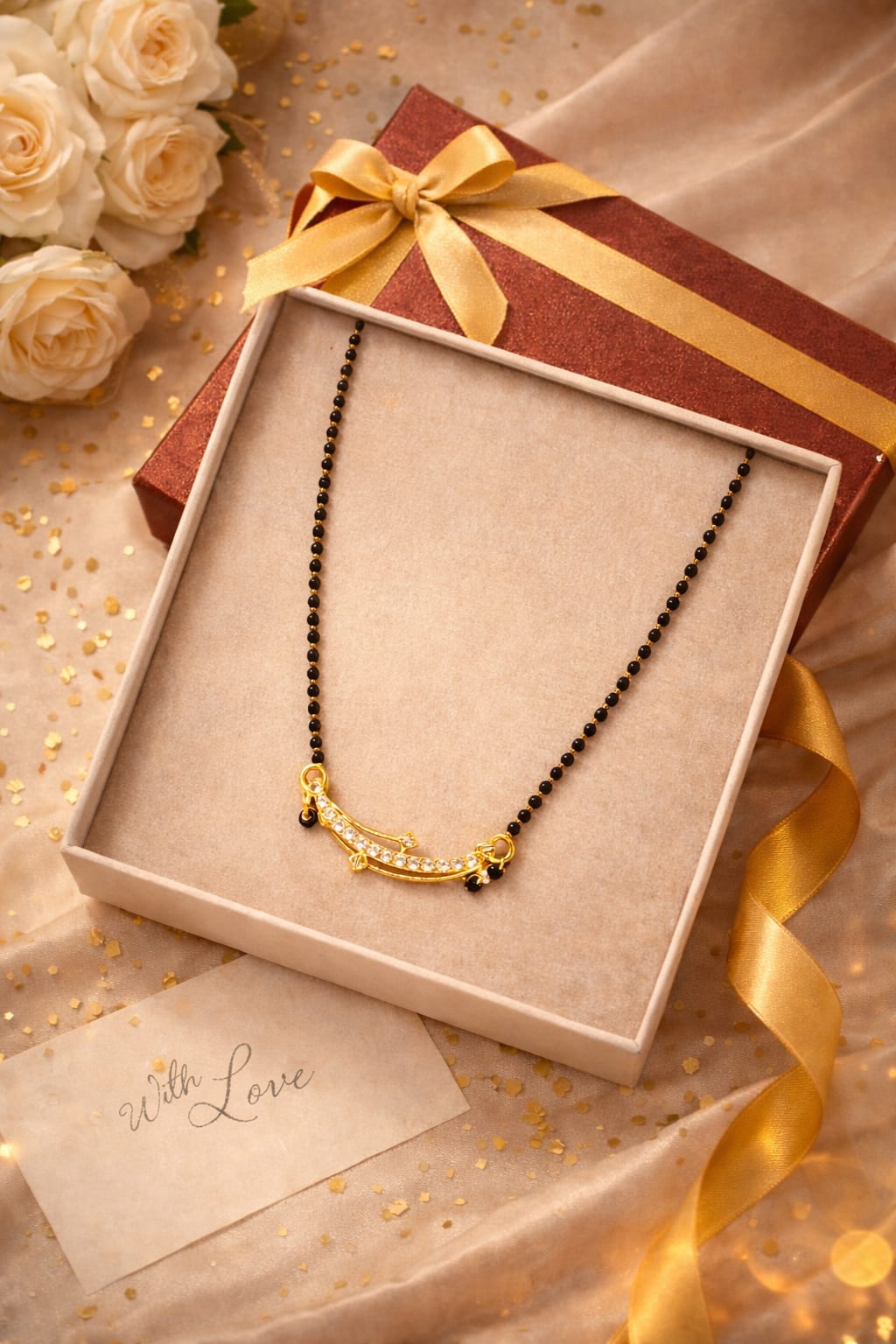 Gold Plated Crystal Mangalsutra for Women | Elegant Black Bead Traditional Mangalsutra Necklace, thumbnail 2