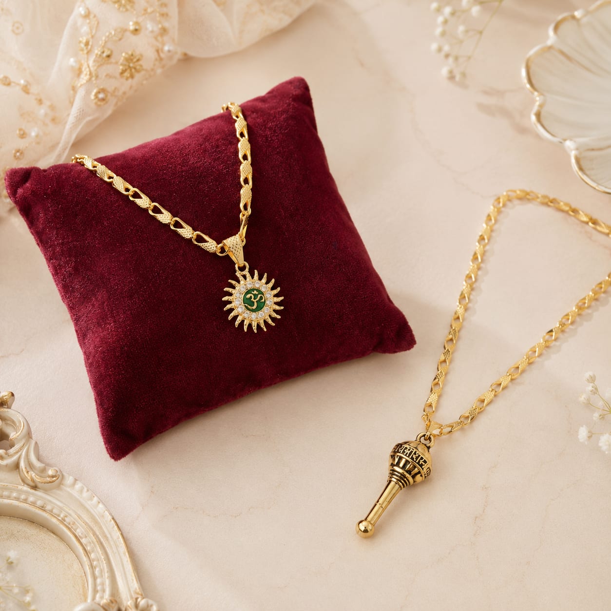 Gold Plated Om & Mahadev Damru Pendant & Chain Combo Necklace for Men & Boys | Dkautin Enterprises, thumbnail 2