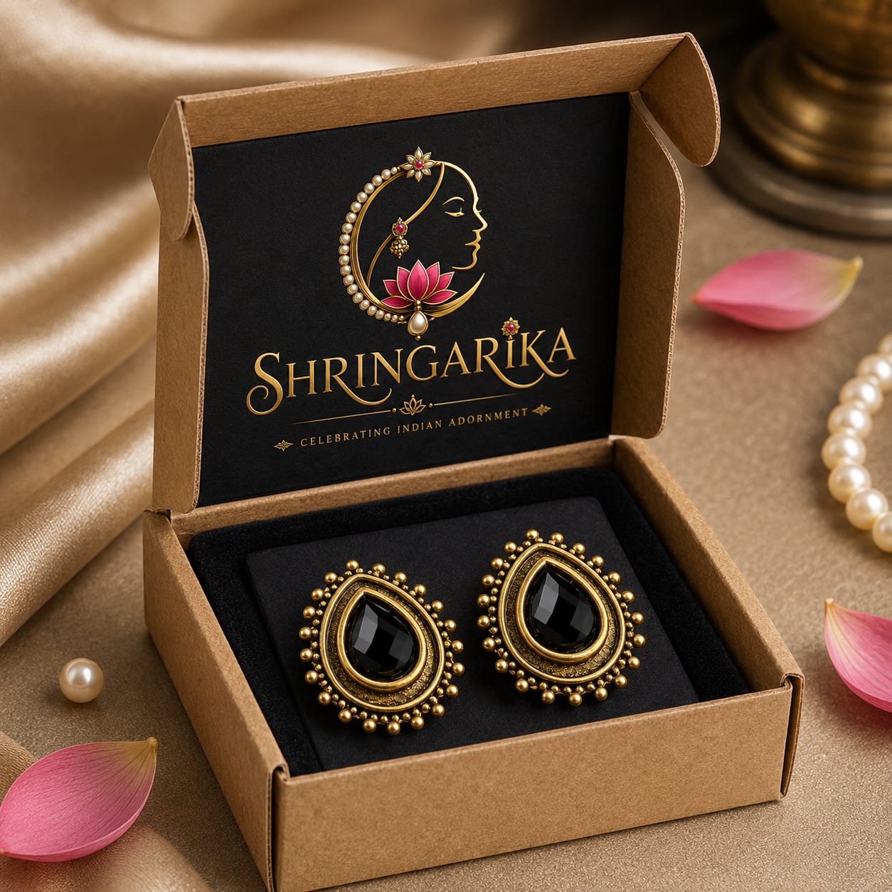 Shringarika Antique Gold-Finish Teardrop Black Stone Stud Earrings by Dkautin Enterprises, thumbnail 4