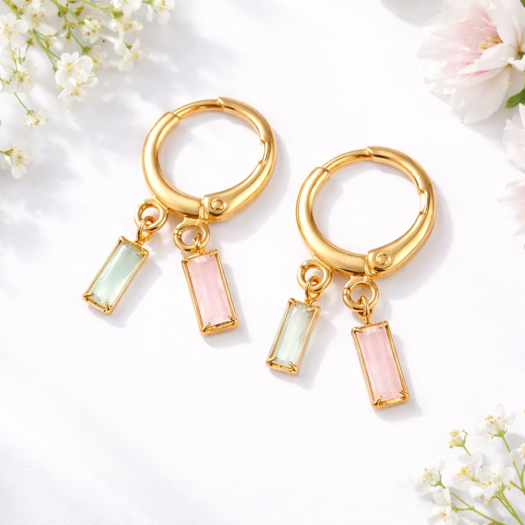 Gold Plated Pastel Crystal Drop Earrings for Women | Elegant Dual Stone Dangle Earrings | Minimalist Party Wear Jewellery, shop online in India