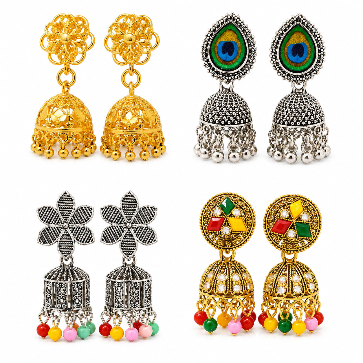 Ethnic Jhumka Earrings Combo Pack of 4 for Women | Antique Gold & Oxidised Silver Traditional Dangler Earrings By Dkautin Enterprises, shop online in India